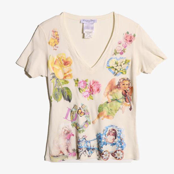CHRISTIAN DIOR - 크리스챤 디올 코튼 브이넥 티셔츠   Made In Italy  Women M